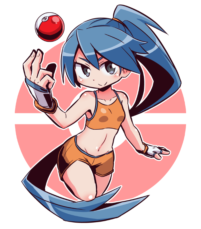 1girl arm_up bangs bare_shoulders battle_girl_(pokemon) blue_hair blush bra breasts closed_mouth collarbone commentary_request creatures_(company) fingerless_gloves fingernails game_freak gloves grey_eyes groin hair_between_eyes high_ponytail long_hair naga_u navel nintendo orange_bra orange_shorts poke_ball poke_ball_(generic) pokemon pokemon_(game) ponytail short_shorts shorts sidelocks small_breasts smile solo sports_bra standing standing_on_one_leg underwear v-shaped_eyebrows very_long_hair white_gloves