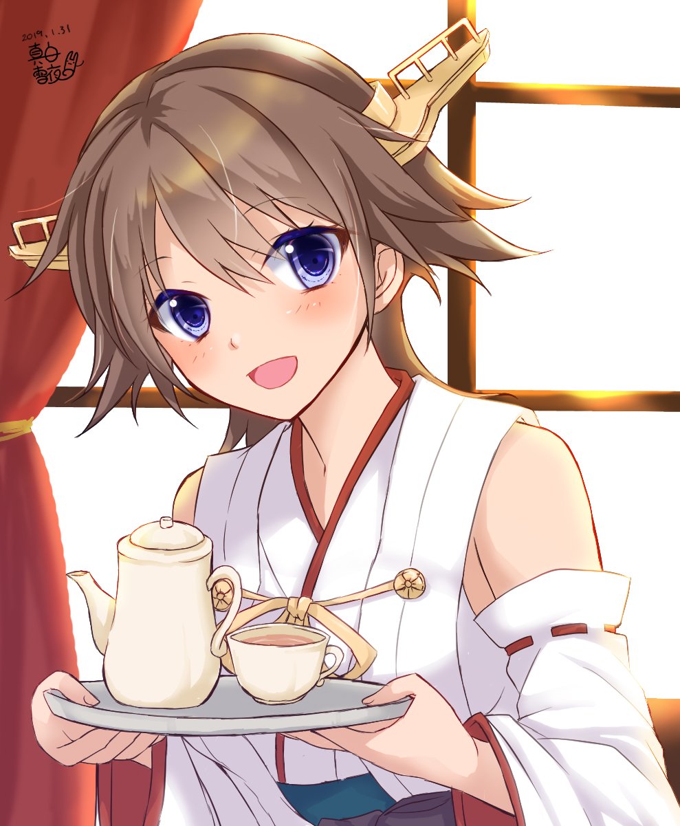 0yukiya0 1girl artist_logo bare_shoulders blue_eyes brown_hair cup curtains dated detached_sleeves flipped_hair hairband headgear hiei_(kantai_collection) highres kantai_collection looking_at_viewer open_mouth ribbon-trimmed_sleeves ribbon_trim short_hair smile solo teacup teapot upper_body window