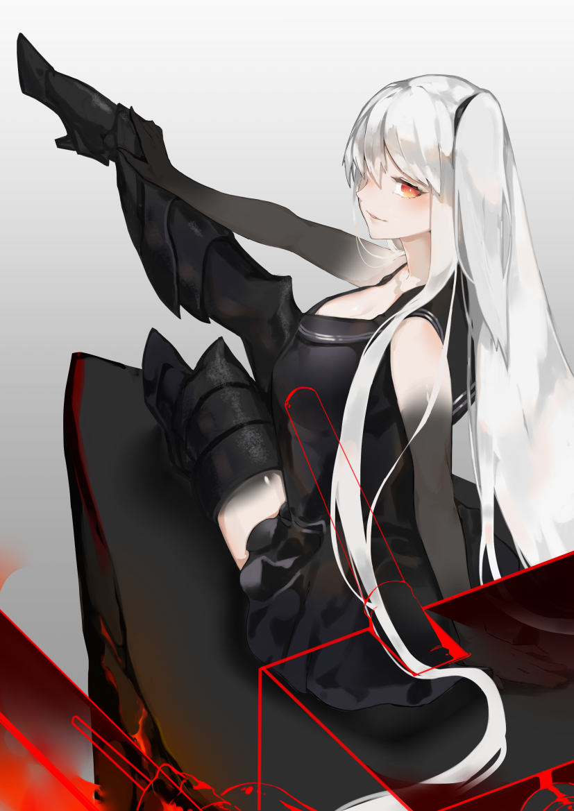 1girl aircraft_carrier_oni armored_boots bangs black_dress boots breasts cleavage commentary_request dress gauntlets grey_background kantai_collection large_breasts long_hair nello_(luminous_darkness) one_side_up orange_eyes pale_skin red_outline sailor_dress shinkaisei-kan short_dress solo swept_bangs thigh-highs thigh_boots very_long_hair white_hair