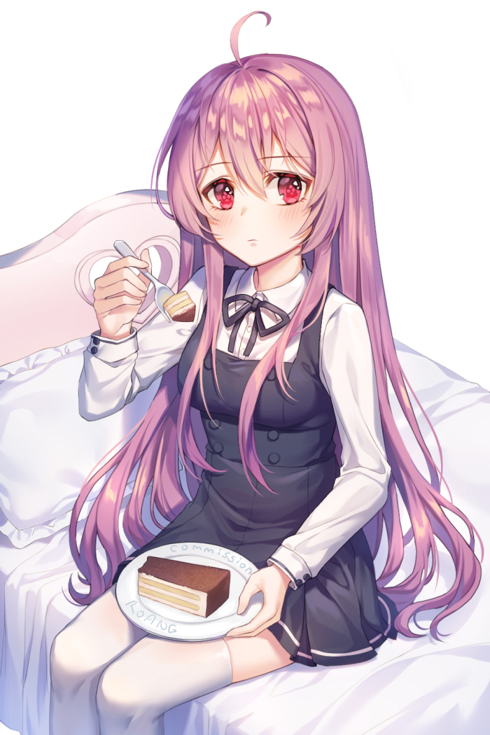 1girl ahoge bangs bed black_skirt blush brown_hair buttons cake closed_mouth collared_shirt commission dress food fork hair_between_eyes hand_up holding holding_fork holding_plate long_hair long_sleeves looking_at_viewer miniskirt on_bed original pillow pinafore_dress plate pleated_skirt red_eyes roang shirt sidelocks sitting skirt slice_of_cake solo thigh-highs very_long_hair white_legwear white_shirt zettai_ryouiki