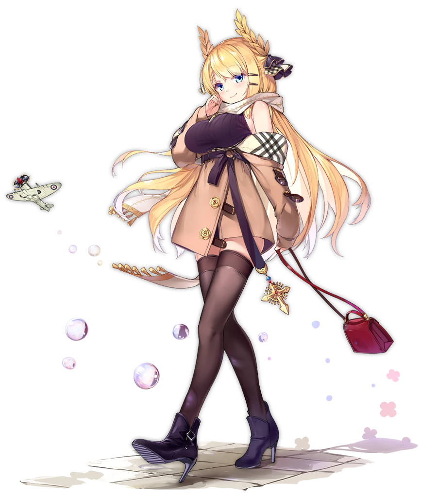 1girl :d alternate_costume azur_lane bag bangs bare_shoulders black_footwear black_legwear black_sweater blonde_hair blue_eyes blush breasts breathing brown_coat casual coat coat_dress cross cross_necklace eyebrows_visible_through_hair full_body hair_ornament hair_ribbon hairclip hand_up high_heels holding holding_bag jewelry kaede_(003591163) large_breasts laurel_crown long_hair looking_at_viewer necklace off_shoulder official_art open_mouth ribbed_sweater ribbon scarf sidelocks smile solo sweater sweater_vest thigh-highs transparent_background very_long_hair victorious_(azur_lane) walking