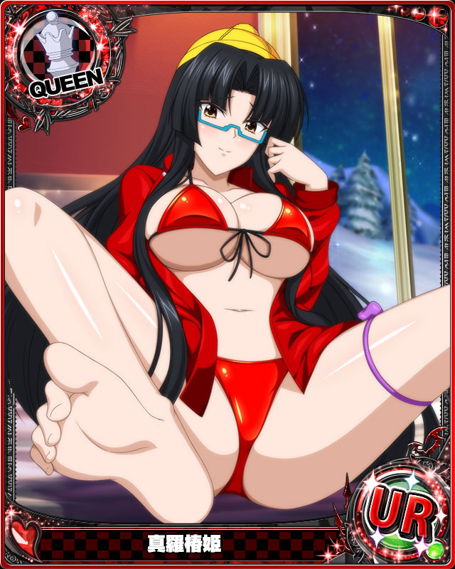 1girl barefoot bikini bikini_under_clothes black_hair blue-framed_eyewear blush bow breasts brown_eyes card_(medium) character_name chess_piece cleavage closed_mouth feet glasses hat high_school_dxd indoors large_breasts long_hair looking_at_viewer navel no_pants official_art open_clothes purple_bow queen_(chess) red_bikini shinra_tsubaki sitting soles solo spread_legs swimsuit toes trading_card under_boob very_long_hair winter_clothes