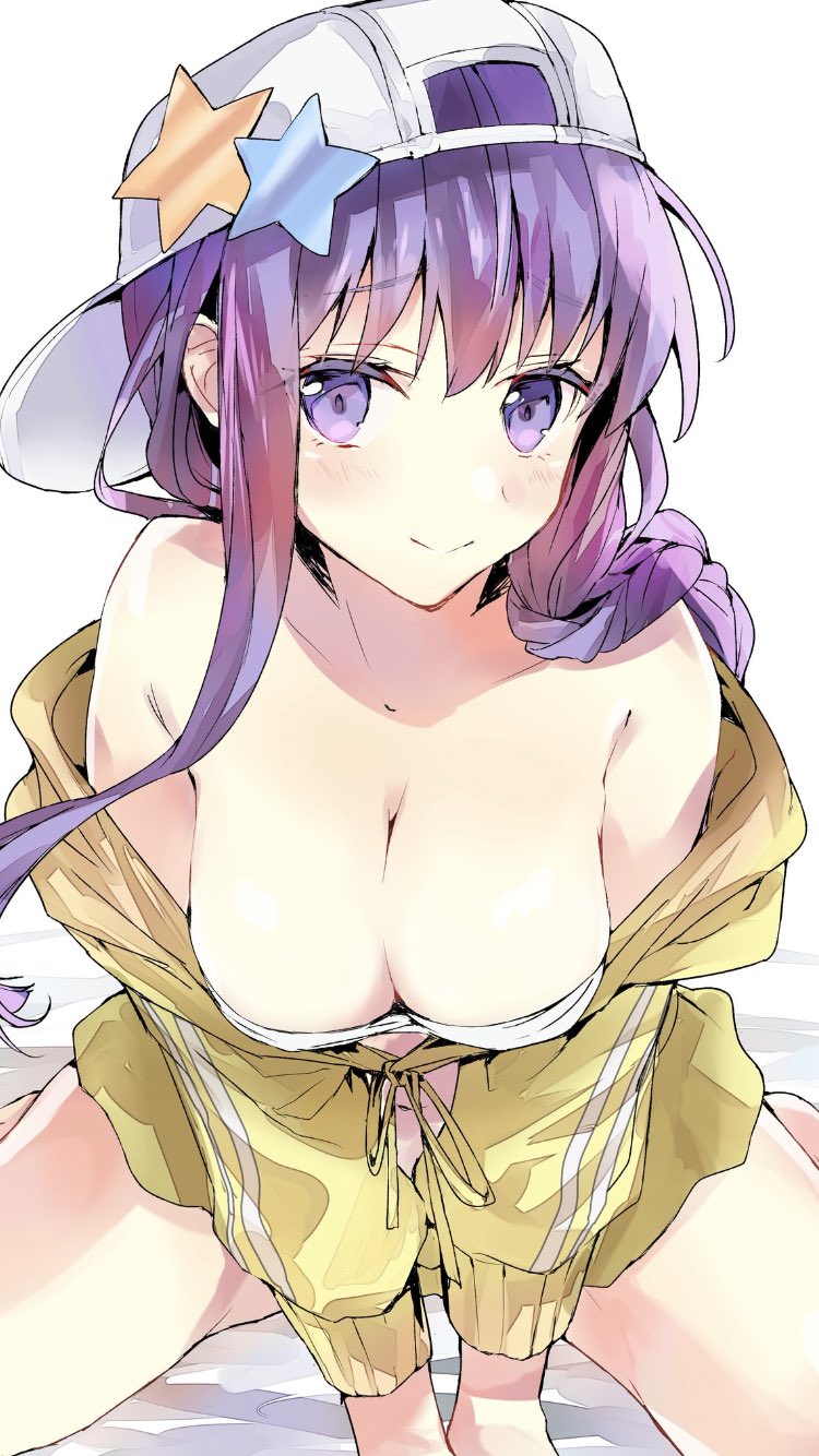 1girl backwards_hat bangs bare_shoulders baseball_cap bb_(fate)_(all) bb_(swimsuit_mooncancer)_(fate) bed_sheet bikini_top blush braid breasts cleavage closed_mouth commentary_request eyebrows_visible_through_hair fate/grand_order fate_(series) hair_between_eyes hat highres hood hood_down hooded_jacket jacket large_breasts leaning_forward long_hair off_shoulder purple_hair single_braid sitting smile solo star tomozero violet_eyes wariza white_background white_bikini_top white_hat yellow_jacket