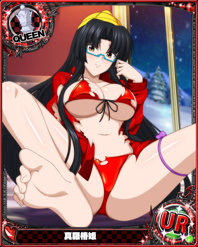 1girl barefoot bikini bikini_under_clothes black_hair blue-framed_eyewear blush bow breasts brown_eyes card_(medium) character_name chess_piece cleavage closed_mouth feet glasses hat high_school_dxd indoors large_breasts long_hair looking_at_viewer navel no_pants official_art open_clothes purple_bow queen_(chess) red_bikini shinra_tsubaki sitting soles solo spread_legs swimsuit toes torn_bikini torn_clothes trading_card under_boob very_long_hair winter_clothes