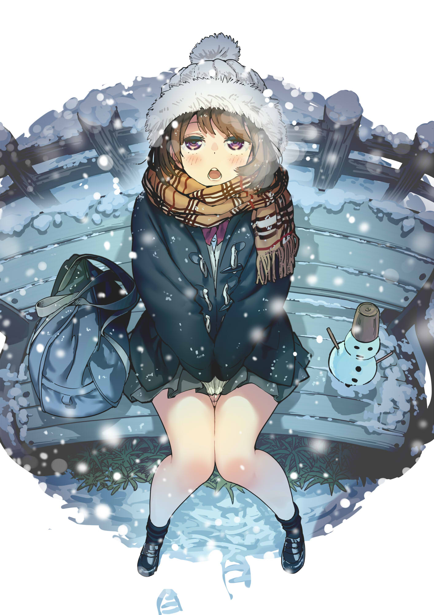 1girl bag bench blush brown_hair hat highres jacket jitome open_mouth original outdoors perspective scarf school_bag school_uniform sitting snow snowing snowman solo twinpoo violet_eyes