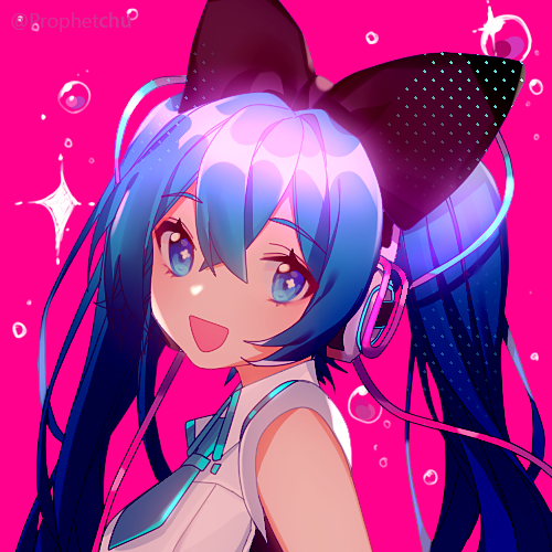 1girl :d bangs black_bow blue_eyes blue_hair blue_neckwear blush bow breasts bubble commentary eyebrows_visible_through_hair hair_between_eyes hair_bow hatsune_miku headphones long_hair looking_at_viewer lowres necktie open_mouth pink_background portrait prophet_chu shirt short_necktie sidelocks sleeveless sleeveless_shirt small_breasts smile solo sparkle twintails twitter_username upper_body vocaloid white_shirt
