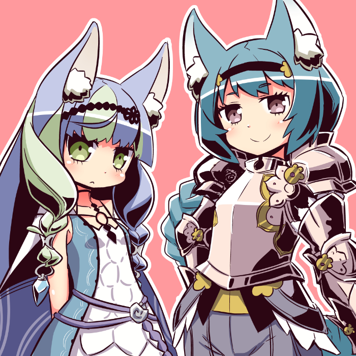 2girls 7th_dragon_(series) 7th_dragon_iii animal_ear_fluff animal_ears bangs bare_shoulders black_hairband blue_dress blue_hair blush breastplate breasts brown_background brown_eyes character_request closed_mouth commentary_request dress eyebrows_visible_through_hair green_eyes green_hair hairband light_frown lucier_(7th_dragon) multicolored_hair multiple_girls naga_u outline purple_hair sleeveless sleeveless_dress small_breasts smile two-tone_hair white_outline