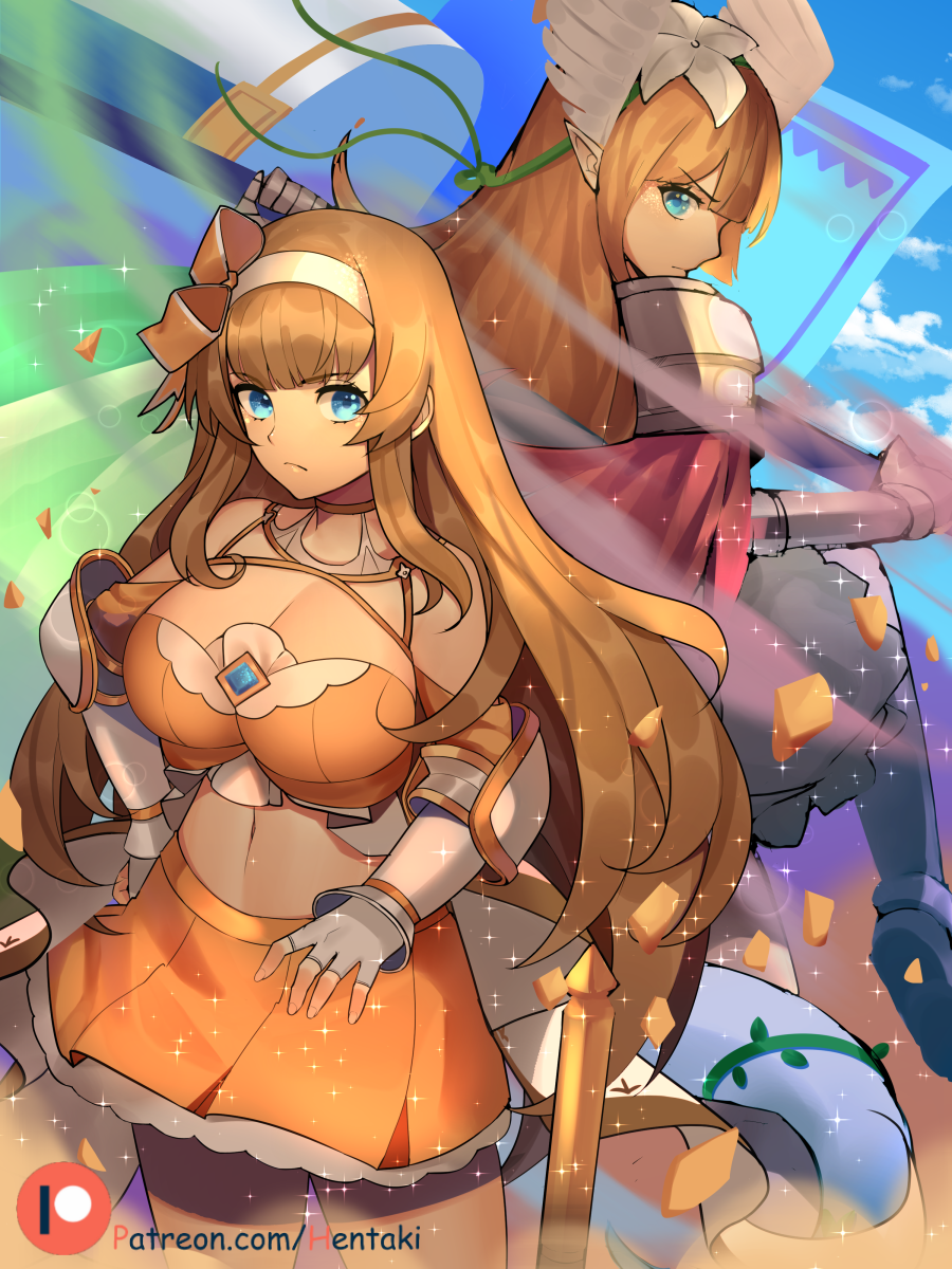 2girls armor bangs bare_shoulders blonde_hair blue_eyes blue_sky bow breasts cape choker cleavage closed_mouth clouds crop_top dragalia_lost expressionless eyebrows_visible_through_hair fingerless_gloves flag flower gauntlets gloves grey_gloves hair_flower hair_ornament hairband hand_on_hip head_wings hentaki highres holding holding_flag jeanne_d'arc_(dragalia_lost) julietta_(dragalia_lost) large_breasts light_particles long_hair looking_at_viewer midriff miniskirt multiple_girls navel orange_bow orange_choker orange_skirt patreon_username pointy_ears red_cape shoulder_armor sidelocks skirt sky smoke sparkle standing stomach white_flower