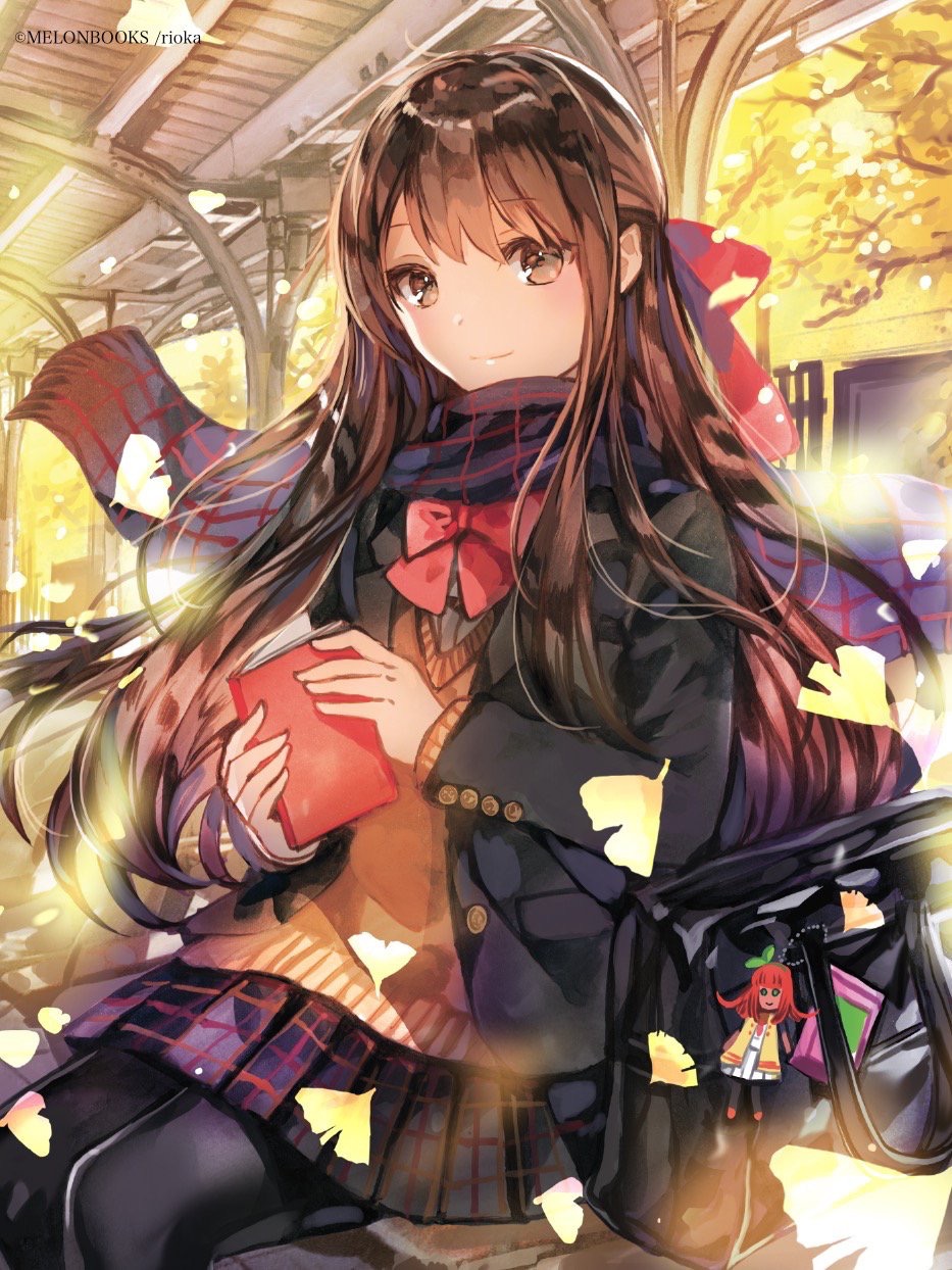 1girl autumn_leaves bag bangs black_jacket black_legwear black_scarf black_skirt blazer blurry book bow bowtie brown_eyes brown_hair brown_sweater closed_mouth commentary_request depth_of_field eyebrows_visible_through_hair ginkgo_leaf highres holding holding_book jacket long_hair long_sleeves looking_at_viewer miniskirt open_clothes open_jacket original outdoors pantyhose plaid plaid_scarf plaid_skirt pleated_skirt red_neckwear rioka_(southern_blue_sky) scarf school_bag school_uniform sidelocks sitting skirt smile solo sweater tree watermark