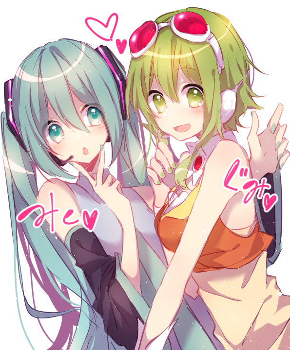 2girls :d :o aqua_eyes aqua_hair aqua_nails arm_around_shoulder character_name collared_shirt detached_collar detached_sleeves goggles green_eyes green_hair green_nails grey_shirt gumi hair_between_eyes hand_to_own_mouth hand_up hatsune_miku hazakura_chikori headset heart hover_hand long_hair looking_at_viewer multiple_girls nail_polish open_mouth orange_vest shirt short_hair_with_long_locks sleeveless sleeveless_shirt smile v v_over_mouth very_long_hair vocaloid white_background yellow_shirt