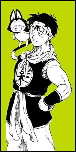 1boy :d bandanna belt black_border black_hair border clothes_writing dragon_ball dragon_ball_(classic) flying green_background hand_on_hip looking_at_another lowres male_focus monochrome neckerchief nitako open_mouth pants puar short_hair simple_background smile spot_color standing upper_body wristband yamcha