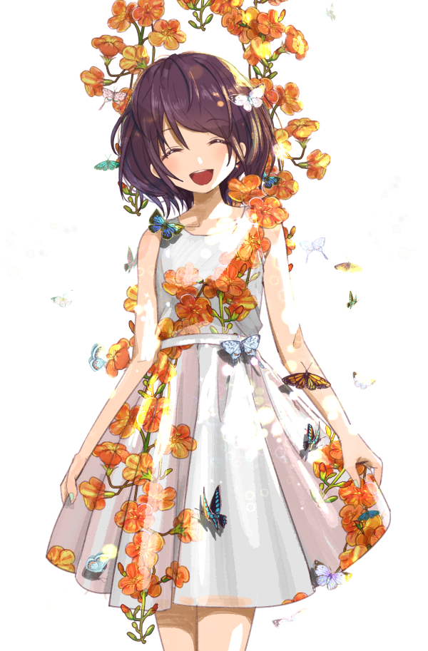 1girl :d ^_^ arms_at_sides bare_arms bare_shoulders belt brown_hair bug butterfly closed_eyes closed_eyes cowboy_shot dress eyebrows_visible_through_hair floral_print flower insect leaf open_mouth original red_flower short_hair simple_background sleeveless sleeveless_dress smile solo trumpet_creeper upper_body upper_teeth white_background white_dress yoruhachi