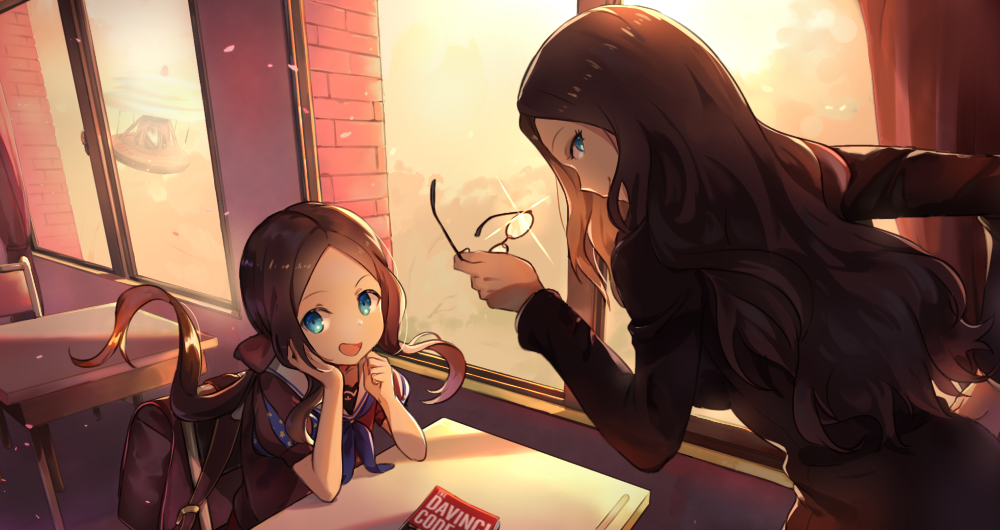 2girls :d adapted_costume aircraft backpack bag bangs black-framed_eyewear black_dress blue_eyes blue_neckwear book bow brown_hair brown_shirt chair classroom curtains day desk dress dual_wielding eyewear_removed fate/grand_order fate_(series) forehead glasses hair_bow hand_on_hip hand_on_own_cheek helicopter holding holding_eyewear hsin indoors leonardo_da_vinci_(fate/grand_order) long_hair long_sleeves looking_at_viewer looking_to_the_side low_ponytail multiple_girls neckerchief on_chair open_mouth parted_bangs profile puffy_short_sleeves puffy_sleeves randoseru sailor_collar school_chair school_desk school_uniform serafuku shirt short_sleeves sideways_glance sitting smile sunlight teacher time_paradox white_sailor_collar window