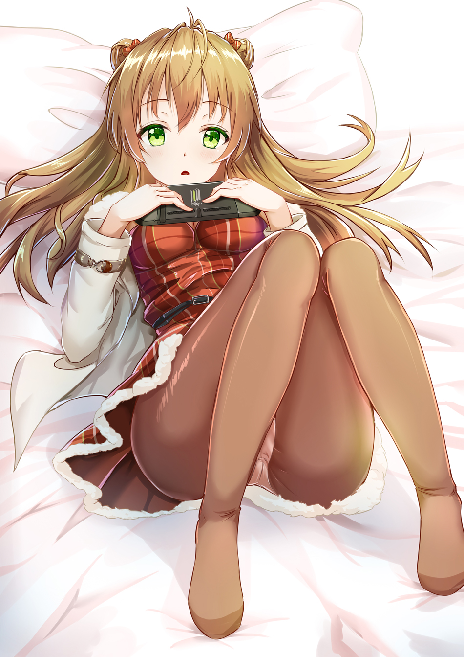 1girl ahoge alternate_costume bangs belt blush bow breasts brown_hair brown_legwear buckle coat double_bun dress eyebrows_visible_through_hair fur-trimmed_coat fur_trim girls_frontline green_eyes hair_between_eyes hair_bow handheld_game_console highres holding_handheld_game_console knees_up long_hair looking_at_viewer lying medium_breasts no_shoes on_back panties panties_under_pantyhose pantyhose plaid plaid_dress red_dress rfb_(girls_frontline) shailiar smile solo underwear white_coat white_panties