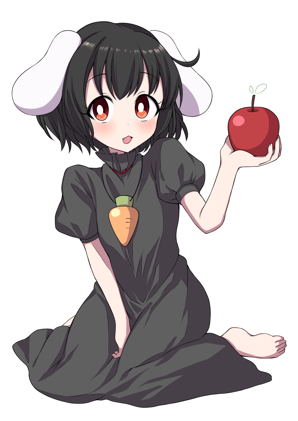 1girl :3 alternate_color animal_ears apple arm_up bangs barefoot between_legs black_hair blush bright_pupils carrot_necklace commentary_request eyebrows_visible_through_hair fang food fruit hand_between_legs high_collar highres holding holding_food holding_fruit inaba_tewi looking_at_viewer open_mouth puffy_short_sleeves puffy_sleeves rabbit_ears red_eyes short_hair short_sleeves simple_background sitting solo touhou tsukimirin wariza white_background white_pupils