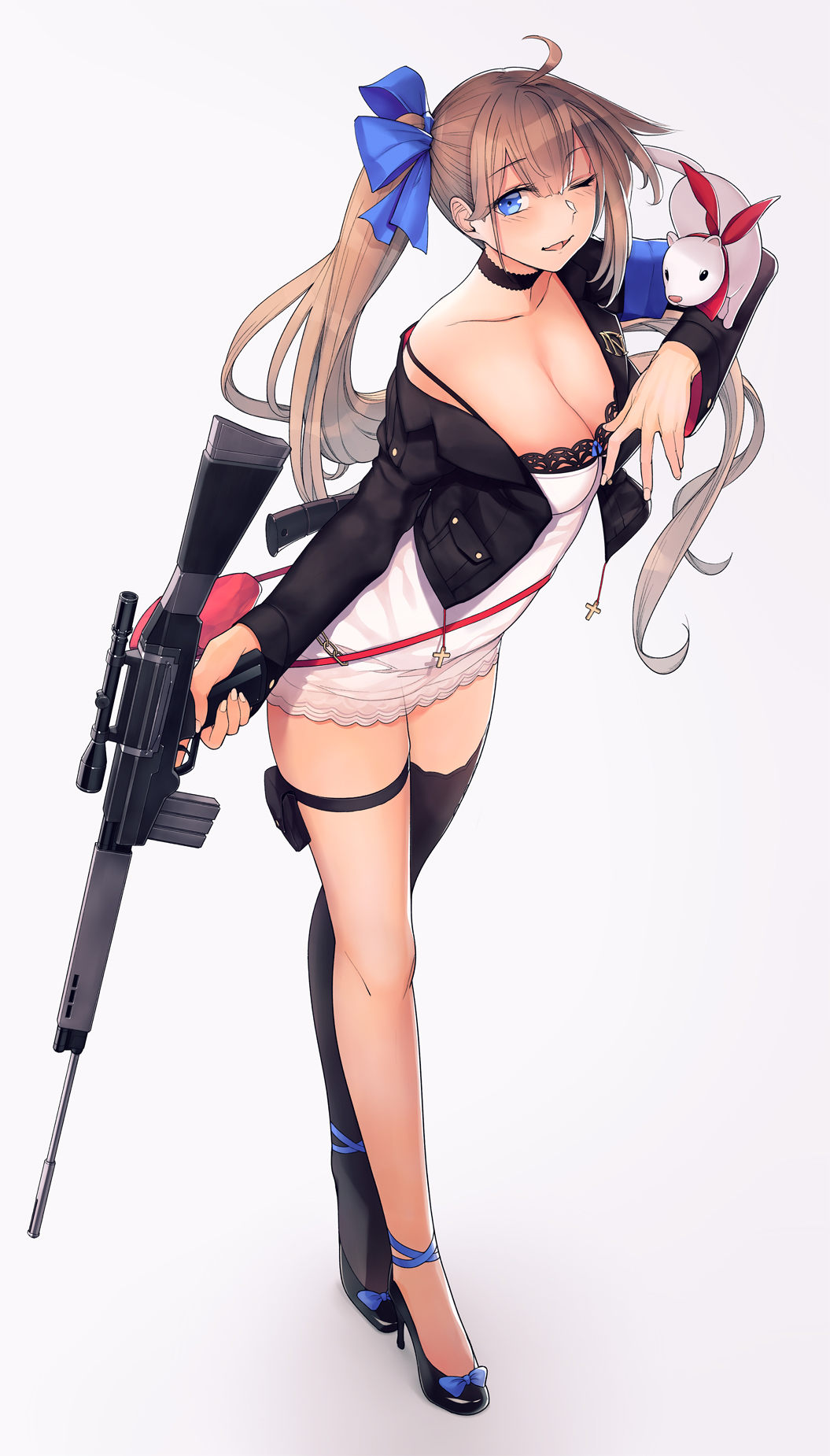 1girl ;d ahoge animal_on_arm bangs battle_rifle black_footwear black_legwear blonde_hair blue_eyes blush bow breasts brown_hair choker cleavage cross dress dsf eyebrows_visible_through_hair fal_(girls_frontline) ferret fn_fal girls_frontline grey_background gun high_heels highres holding holding_gun holding_weapon jacket large_breasts long_hair looking_at_viewer one_eye_closed open_mouth ribbon rifle side_ponytail simple_background single_thighhigh smile solo thigh-highs trigger_discipline very_long_hair weapon