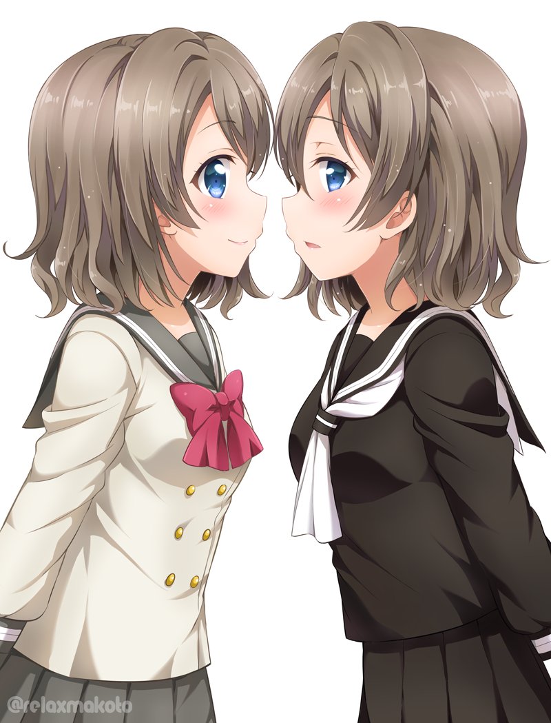 2girls black_serafuku black_shirt black_skirt blue_eyes blush bow bowtie commentary_request double-breasted dual_persona grey_hair grey_sailor_collar grey_skirt long_sleeves love_live! love_live!_sunshine!! multiple_girls neckerchief open_mouth pleated_skirt red_neckwear sailor_collar sakurai_makoto_(custom_size) school_uniform serafuku shirt short_hair simple_background skirt smile twitter_username watanabe_you white_background white_neckwear