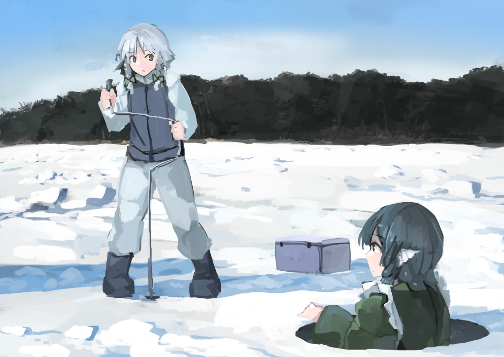 2girls alternate_costume bangs black_footwear blue_eyes blue_hair blue_sky boots bow braid commentary_request container cooler day drill_hair drill_locks eyebrows_visible_through_hair full_body green_bow green_kimono grey_jacket grey_pants hair_bow head_fins holding hole ice ichiba_youichi izayoi_sakuya jacket japanese_clothes kimono long_sleeves looking_at_another mermaid monster_girl multiple_girls outdoors pants raglan_sleeves short_hair silver_hair sky standing touhou twin_braids upper_body wakasagihime wide_sleeves