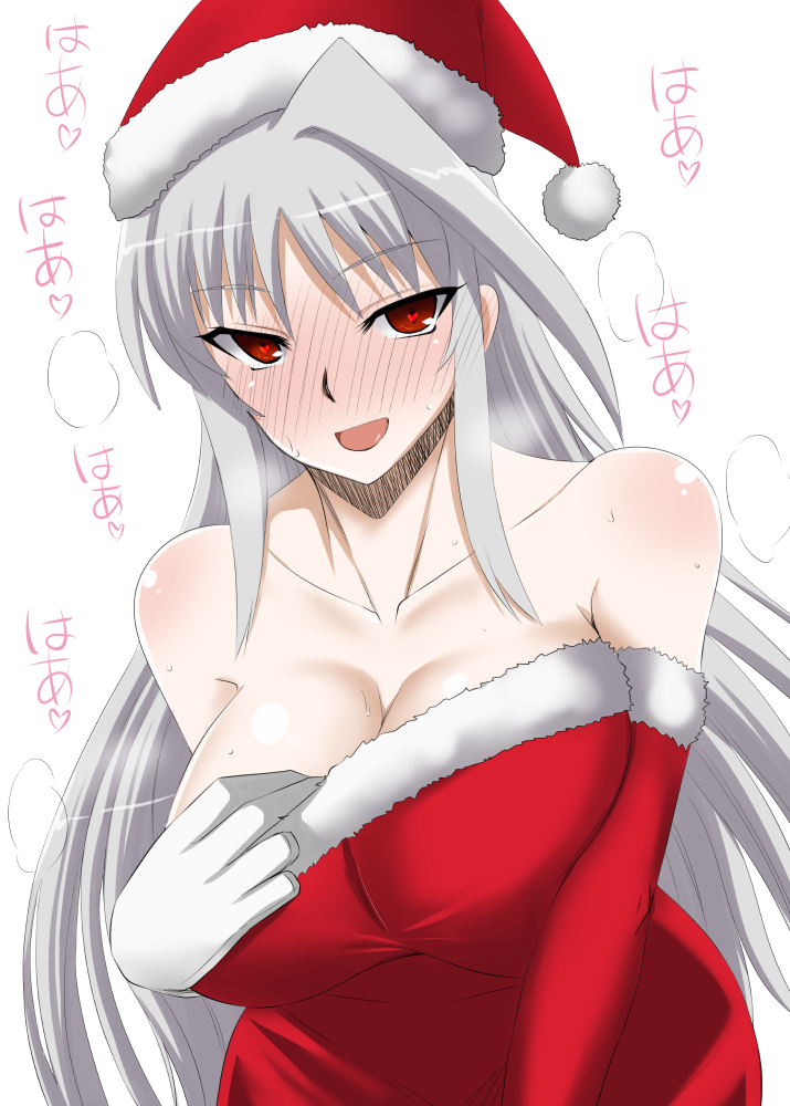 1girl ahoge asymmetrical_gloves bare_shoulders blush breasts christmas cleavage collarbone commentary_request dress elbow_gloves gloves hat heart heart-shaped_pupils large_breasts lyrical_nanoha mahou_shoujo_lyrical_nanoha mahou_shoujo_lyrical_nanoha_a's off-shoulder_dress off_shoulder red_eyes red_gloves red_hat reinforce santa_hat silver_hair solo symbol-shaped_pupils translation_request white_background white_gloves zerosu_(take_out)