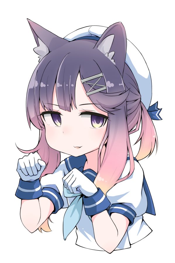 1girl aki_inu animal_ears bangs beret blue_neckwear cat_ears eyebrows_visible_through_hair gloves gradient_hair hair_ornament hat kantai_collection long_hair looking_at_viewer multicolored_hair neckerchief open_mouth paw_pose pink_hair purple_hair sailor_hat school_uniform serafuku sidelocks simple_background smile solo tsushima_(kantai_collection) upper_body violet_eyes white_background white_gloves white_hat