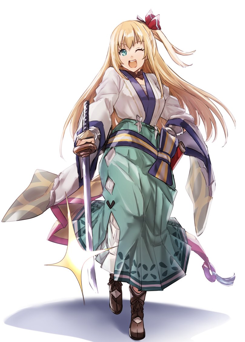 1girl blonde_hair blue_eyes bow bridal_gauntlets granblue_fantasy hair_bow holding holding_sword holding_weapon japanese_clothes katana lefthand long_hair mirin_(granblue_fantasy) one_eye_closed sheath sword weapon white_background