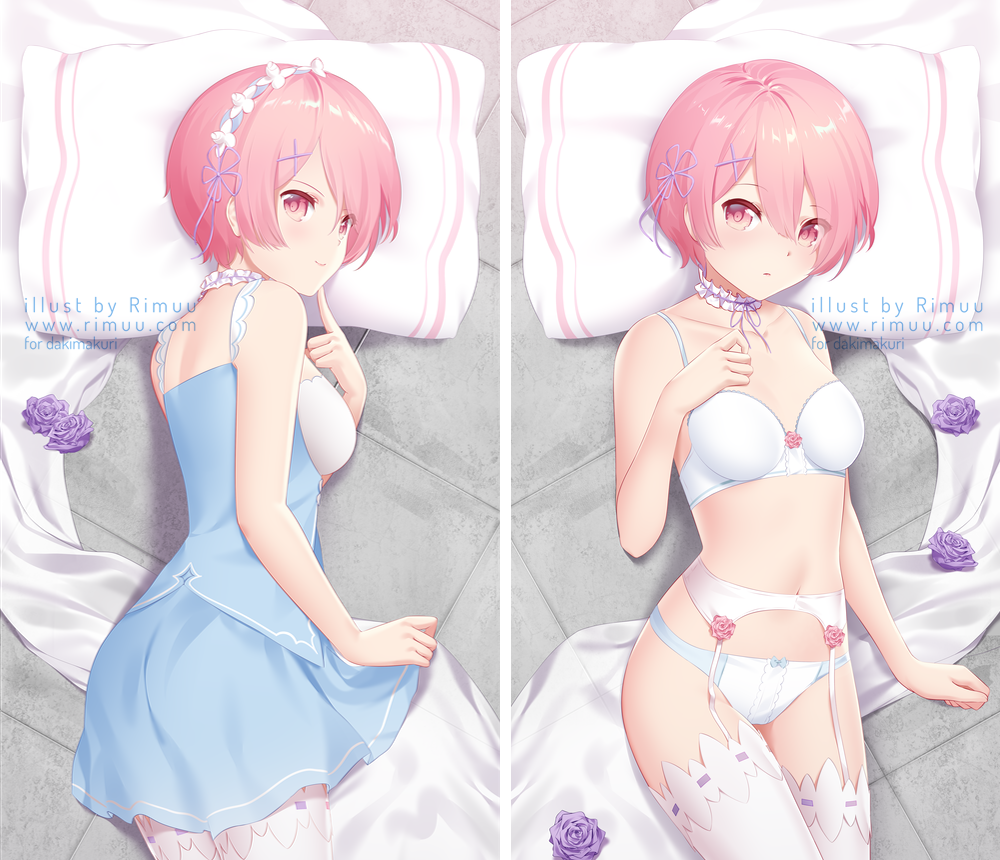 1girl arm_at_side artist_name bare_arms bare_shoulders blanket blue_dress blush bra breasts closed_mouth dakimakura dress eyebrows_visible_through_hair eyes_visible_through_hair finger_to_cheek flower frills from_above garter_belt hair_ornament hairband hairclip hand_on_own_chest index_finger_raised light_frown lolita_hairband looking_at_viewer lying mattress medium_breasts navel neck_garter on_back on_stomach panties pillow purple_flower purple_rose ram_(re:zero) re:zero_kara_hajimeru_isekai_seikatsu ribbon-trimmed_legwear ribbon_trim rimuu rose skirt_hold sleeveless sleeveless_dress smile thigh-highs underwear underwear_only watermark web_address white_bra white_legwear white_panties x_hair_ornament