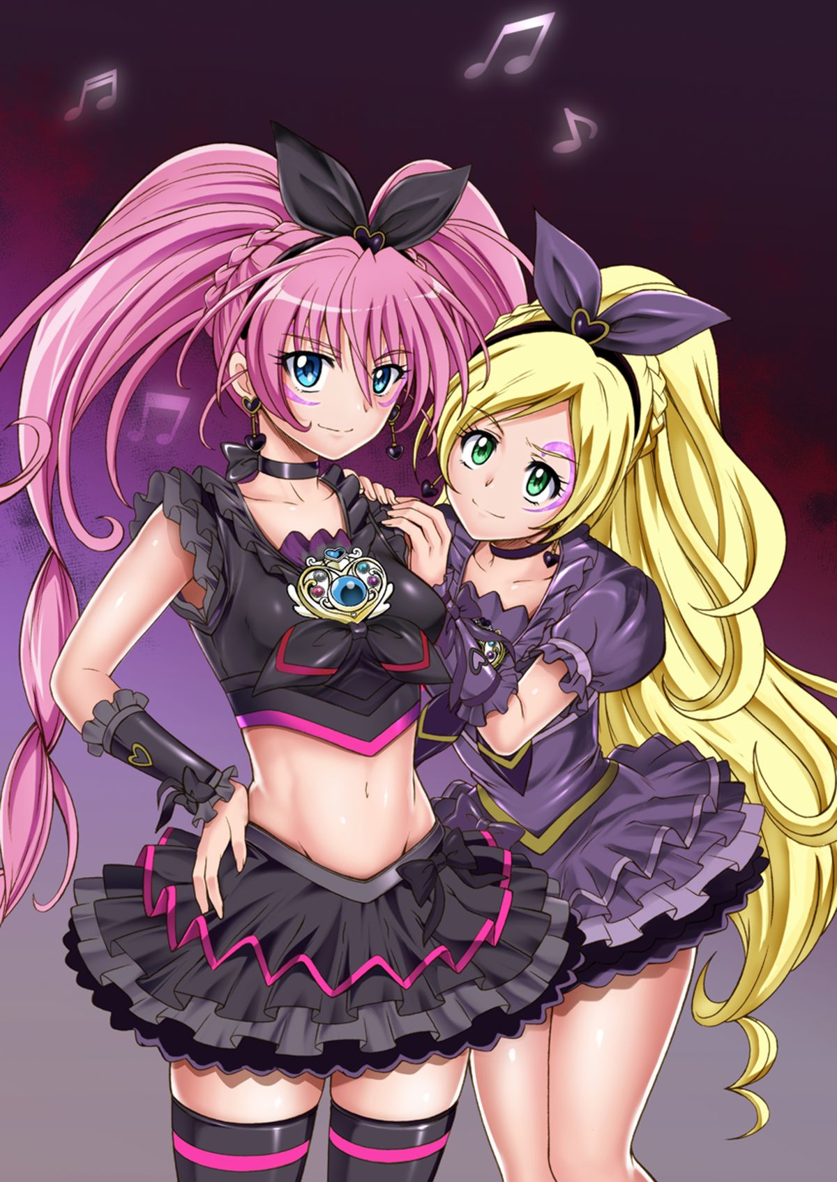 2girls blonde_hair blue_eyes bow braid choker cure_melody cure_rhythm cyclone dark_persona earrings eyes_visible_through_hair french_braid frills green_eyes hand_on_another's_shoulder highres houjou_hibiki jewelry long_hair magical_girl minamino_kanade miniskirt multiple_girls musical_note navel pink_hair ponytail precure skindentation skirt suite_precure thighhighs twintails very_long_hair