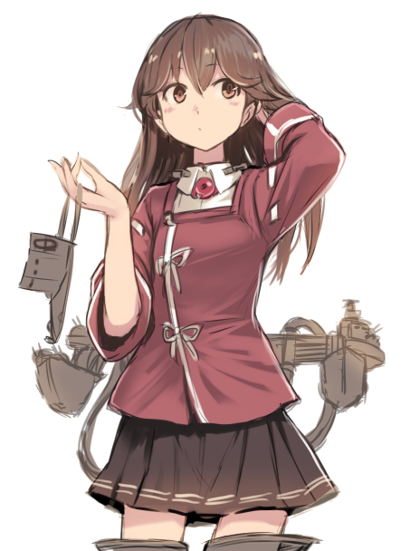1girl alternate_hairstyle black_skirt blush breasts brown_eyes brown_hair closed_mouth commentary cowboy_shot hair_down hand_in_hair hat hat_removed headwear_removed holding holding_hat jacket japanese_clothes kantai_collection kariginu long_hair long_sleeves magatama pleated_skirt red_jacket rigging ryuujou_(kantai_collection) shirt skirt small_breasts solo terrajin visor_cap white_background white_shirt