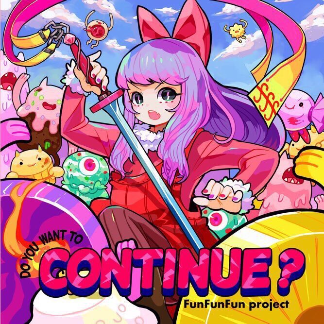 1girl bangs blue_sky bow candle candy clouds cloudy_sky cyclops english_text eyebrows_visible_through_hair food fur_trim hair_bow hakuro96 hand_up holding holding_sword holding_weapon long_hair long_sleeves multicolored multicolored_nails nail_polish one-eyed open_mouth original outdoors purple_hair purple_nails red_bow red_nails sharp_teeth sky smile swept_bangs sword teeth weapon