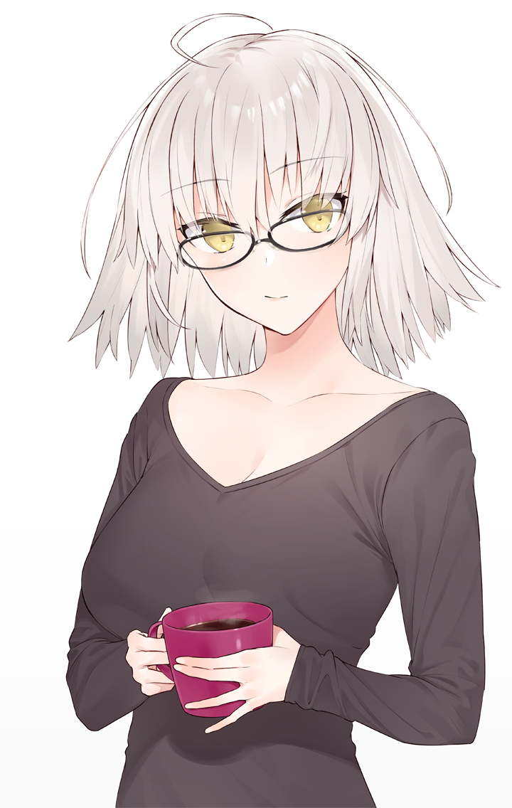 1girl ahoge bangs bespectacled black-framed_eyewear black_shirt breasts cleavage closed_mouth coffee coffee_mug collarbone commentary_request cup eyebrows_visible_through_hair fate/grand_order fate_(series) glasses hayashi_kewi holding holding_cup jeanne_d'arc_(alter)_(fate) jeanne_d'arc_(fate)_(all) large_breasts long_sleeves looking_at_viewer mug shirt short_hair silver_hair simple_background sleeves_past_wrists solo steam upper_body white_background yellow_eyes
