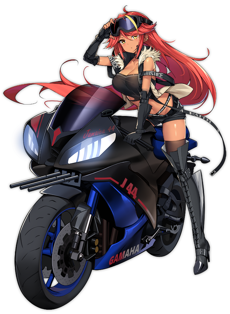 1girl adjusting_eyewear alternate_costume azur_lane bangs black_footwear black_legwear black_shorts blonde_hair blush bomber_jacket boots brand_name_imitation breasts cleavage closed_mouth collarbone dark_skin earrings floating_hair fur-trimmed_jacket fur_trim gloves goggles goggles_on_head ground_vehicle jacket jamaica_(azur_lane) jewelry large_breasts long_hair looking_at_viewer motor_vehicle motorcycle multicolored_hair multiple_earrings navel official_art on_motorcycle ootsuki_momiji redhead short_shorts shorts sidelocks sitting sleeveless_jacket smile streaked_hair taut_clothes thigh-highs thigh_boots transparent_background yellow_eyes