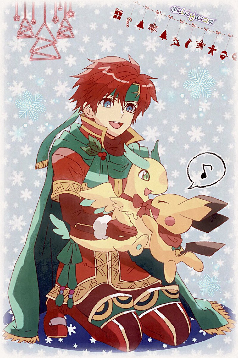 1boy 1girl armor blue_eyes blush cape christmas closed_eyes creatures_(company) dragon dress fa facial_mark fire_emblem fire_emblem:_fuuin_no_tsurugi fire_emblem_heroes forehead_mark game_freak gen_2_pokemon gloves hat headband highres intelligent_systems kiriya_(552260) male_focus mamkute nintendo open_mouth pichu pokemon pokemon_(creature) redhead roy_(fire_emblem) santa_hat short_hair simple_background smile sora_(company) super_smash_bros. super_smash_bros._ultimate super_smash_bros_melee