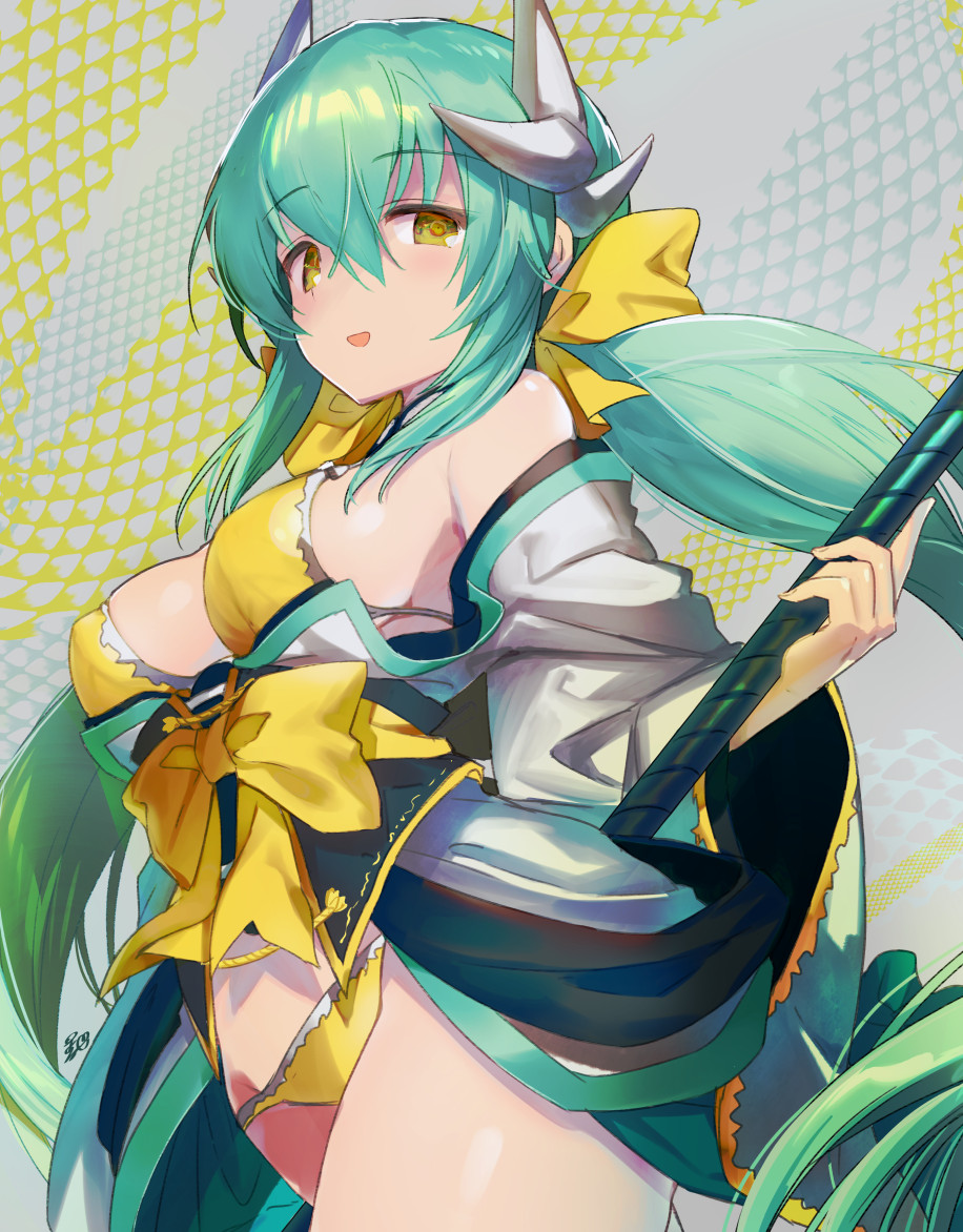 1girl bangs bare_shoulders bikini blush bow breasts cleavage dragon_girl dragon_horns fate/grand_order fate_(series) green_hair hair_between_eyes hair_bow hayama_eishi horns japanese_clothes kimono kiyohime_(fate/grand_order) kiyohime_(swimsuit_lancer)_(fate) large_breasts long_hair long_sleeves looking_at_viewer obi off_shoulder open_mouth polearm sash short_kimono sidelocks smile solo spear swimsuit twintails very_long_hair weapon white_kimono wide_sleeves yellow_bikini yellow_bow yellow_eyes