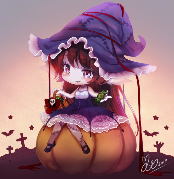 1girl akira_b animal bangs bare_arms bare_shoulders bat black_footwear blush bow brown_hair candy_wrapper character_request chibi commentary_request dress eyebrows_visible_through_hair halloween_basket hat league_of_legends long_hair mary_janes parted_lips pumpkin purple_dress purple_hat red_bow shoes signature sitting skull sleeveless sleeveless_dress solo star stitches very_long_hair violet_eyes