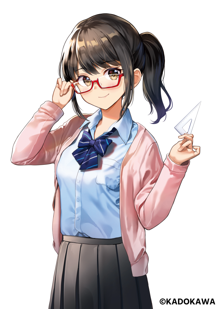 1girl bangs black_hair black_skirt blue_neckwear blush bow bowtie brown_eyes buttons closed_mouth collared_shirt commentary_request copyright_request eyebrows_visible_through_hair glasses hand_on_eyewear hands_up holding jacket long_hair long_sleeves looking_at_viewer nishizawa official_art open_clothes open_jacket pink_jacket pleated_skirt ponytail red-framed_eyewear school_uniform semi-rimless_eyewear shirt shirt_tucked_in sidelocks simple_background skirt smile solo striped striped_neckwear upper_body white_background white_shirt