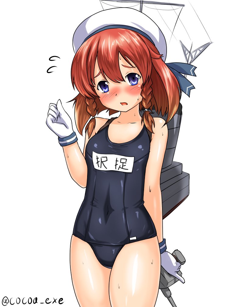 1girl black_swimsuit blonde_hair blue_eyes bob_cut braid character_name cocoa_(cocoa0191) commentary_request embarrassed etorofu_(kantai_collection) flat_chest flying_sweatdrops gloves gradient_hair gun hat kantai_collection machinery multicolored_hair name_tag redhead sailor_hat school_swimsuit side_braid simple_background smokestack solo swimsuit thick_eyebrows twin_braids twitter_username weapon white_background white_gloves white_hat