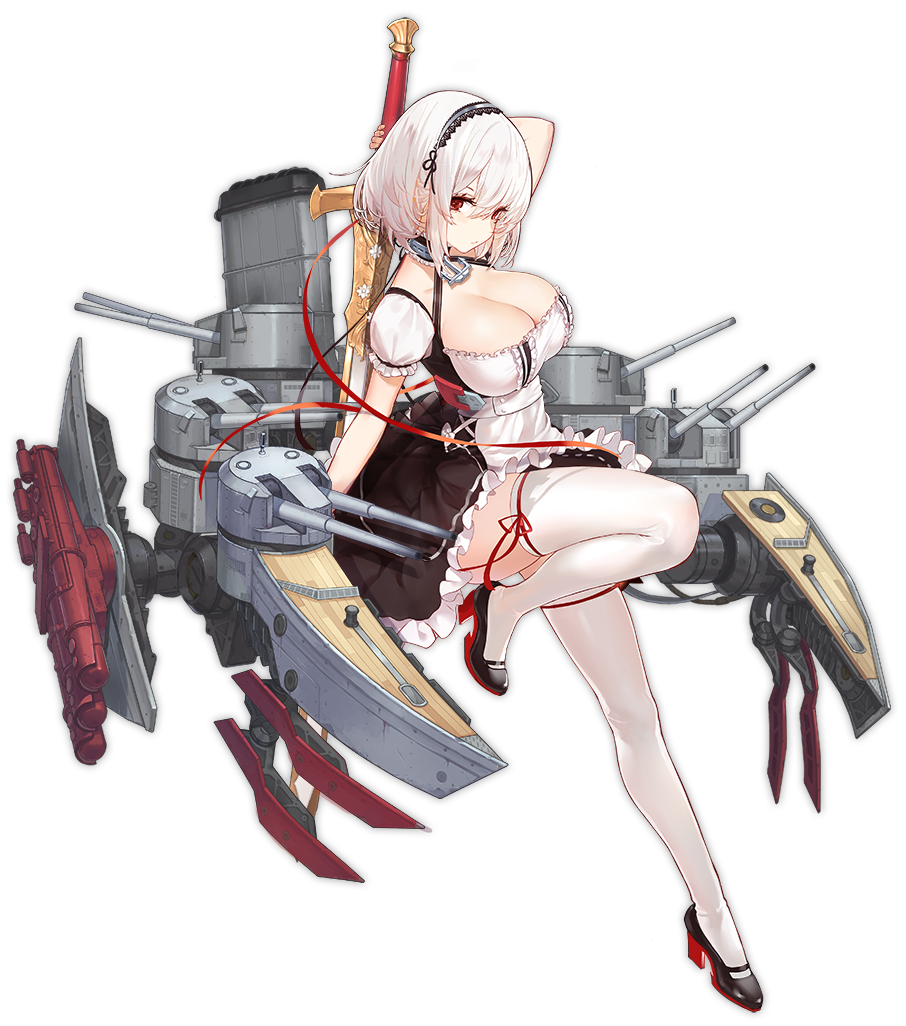 1girl azur_lane bangs black_footwear blush breasts cannon choker cleavage cleavage_cutout collarbone dress full_body hairband high_heels holding holding_sword holding_weapon kinven lace-trimmed_hairband large_breasts leg_up looking_at_viewer mary_janes official_art red_eyes ribbon rigging shoes short_hair sidelocks sirius_(azur_lane) smile solo standing standing_on_one_leg sword thigh-highs transparent_background turret weapon white_hair white_legwear