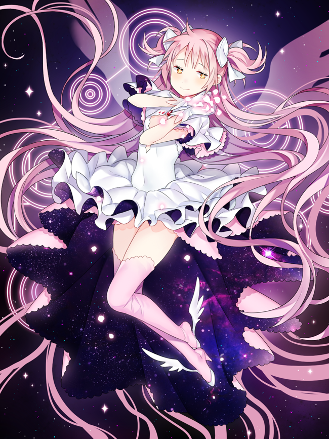 1girl 3: absurdly_long_hair blush boots bow closed_mouth commentary covered_navel dress frilled_dress frills full_body gloves glowing_petals goddess_madoka hair_bow high_heel_boots high_heels kaname_madoka lkk_(l_kk) long_hair magical_girl mahou_shoujo_madoka_magica own_hands_together petals pink_footwear pink_hair pink_legwear short_sleeves sky solo space_print star_(sky) starry_sky starry_sky_print symbol_commentary thigh-highs thigh_boots two_side_up very_long_hair white_bow white_dress white_gloves winged_boots yellow_eyes zettai_ryouiki