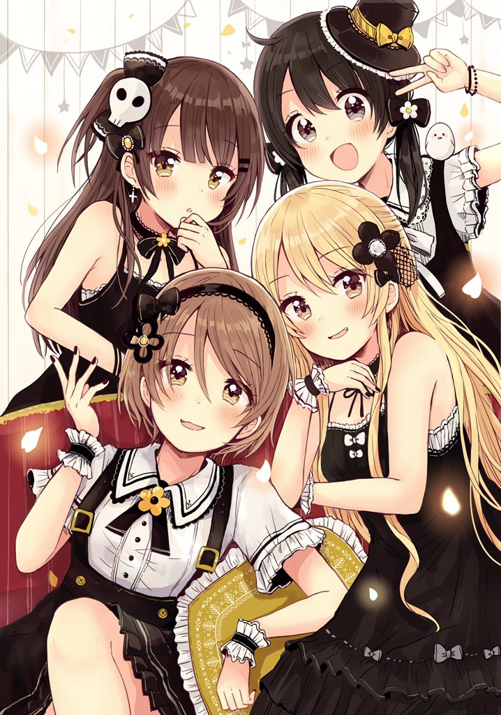 4girls :d bare_shoulders black_bow black_dress black_hairband black_hat black_nails blonde_hair blush bow bracelet brown_eyes brown_hair collared_shirt commentary dress dress_shirt fang fingernails flower frilled_pillow frills hair_bow hair_flower hair_ornament hairband hand_up hat jewelry light_brown_hair long_hair low_twintails mini_hat mini_top_hat multiple_girls nail_polish on_shoulder open_mouth original pennant pillow sakura_oriko shirt short_sleeves skull_hair_ornament sleeveless sleeveless_dress smile star string_of_flags tilted_headwear top_hat twintails white_flower white_shirt wrist_cuffs