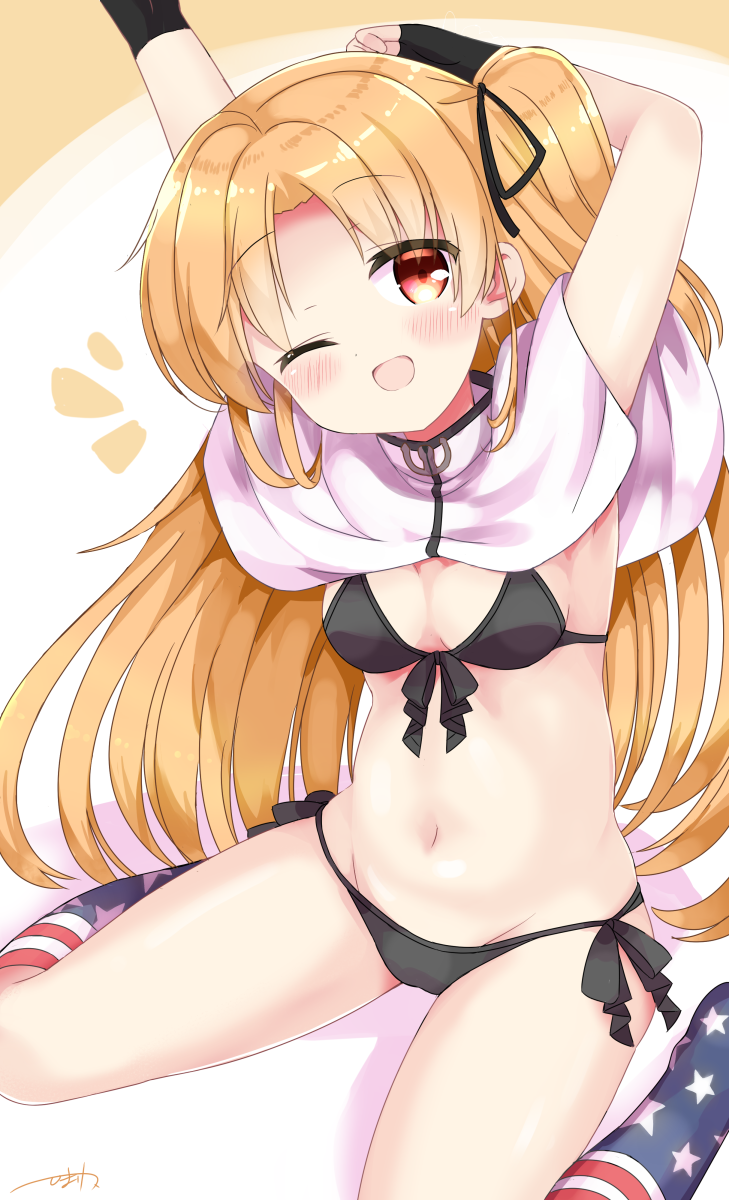 1girl ;d american_flag_legwear arms_up azur_lane bangs bikini black_bikini black_gloves black_ribbon blonde_hair blush breasts capelet cleveland_(azur_lane) commentary_request eyebrows_visible_through_hair fingerless_gloves front-tie_bikini front-tie_top gloves groin hair_ribbon head_tilt highres himarisu_(hida_mari) kneehighs long_hair looking_at_viewer navel no_shoes notice_lines one_eye_closed one_side_up open_mouth red_eyes ribbon side-tie_bikini sitting small_breasts smile solo stomach swimsuit wariza white_background white_capelet