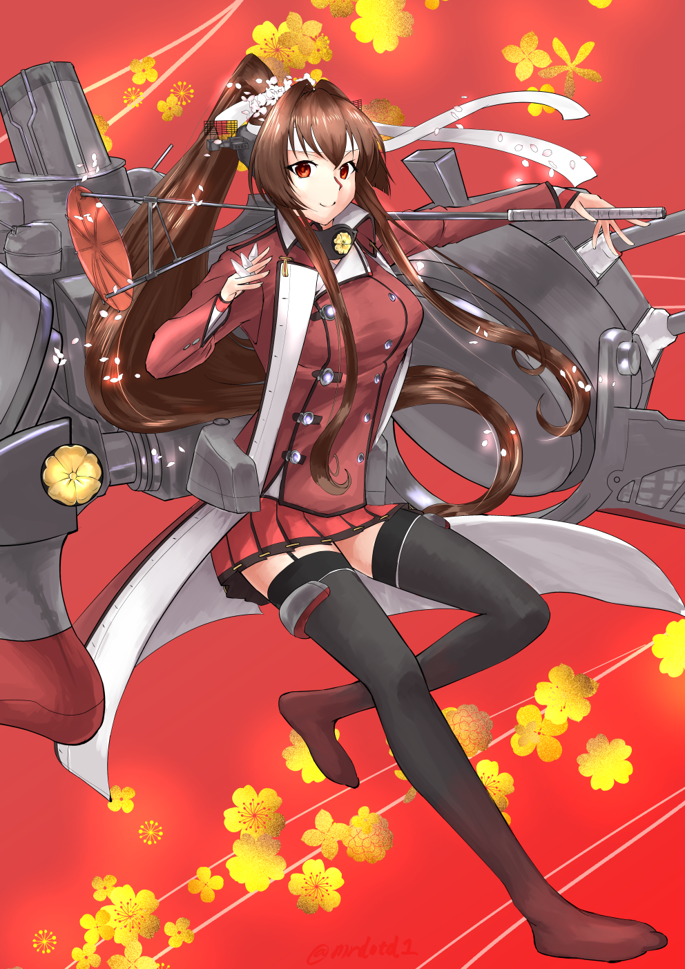 1girl adapted_costume black_legwear brown_hair cherry_blossoms crest double-breasted floral_background flower full_body hair_flower hair_ornament headgear highres kantai_collection long_hair looking_at_viewer machinery mrdotd oriental_umbrella pleated_skirt ponytail red_background red_eyes red_skirt red_umbrella skirt smokestack solo thigh-highs umbrella yamato_(kantai_collection)