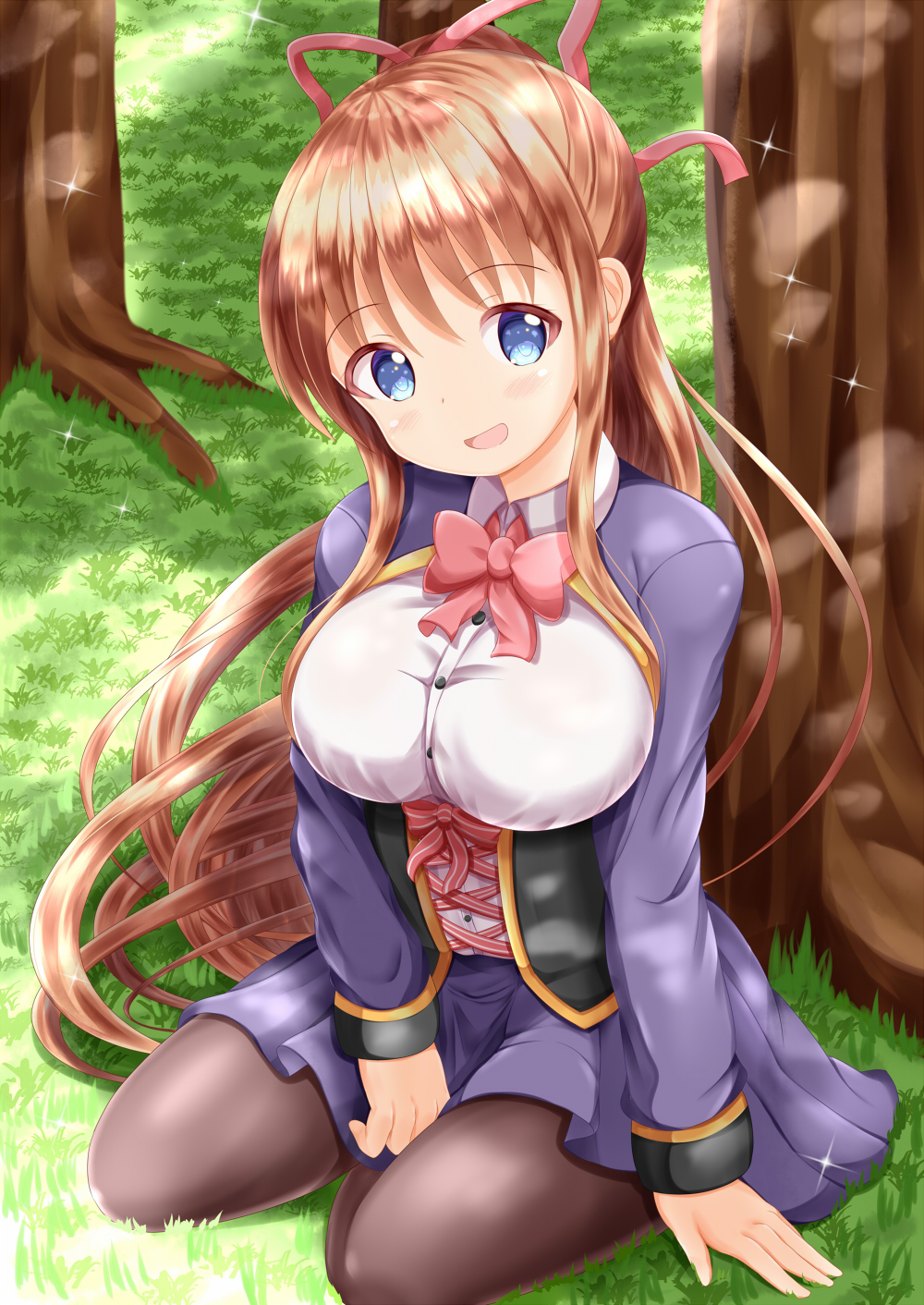 1girl :d bangs blush bow bowtie breasts brown_hair brown_legwear commentary_request day dress_shirt eyebrows_visible_through_hair hair_ribbon head_tilt high_ponytail highres jacket large_breasts long_hair long_sleeves looking_at_viewer on_grass open_mouth original outdoors pantyhose pink_neckwear pleated_skirt ponytail purple_jacket purple_skirt red_ribbon ribbon shirt sitting skirt sleeves_past_wrists smile solo sparkle tree underbust very_long_hair white_shirt zenon_(for_achieve)