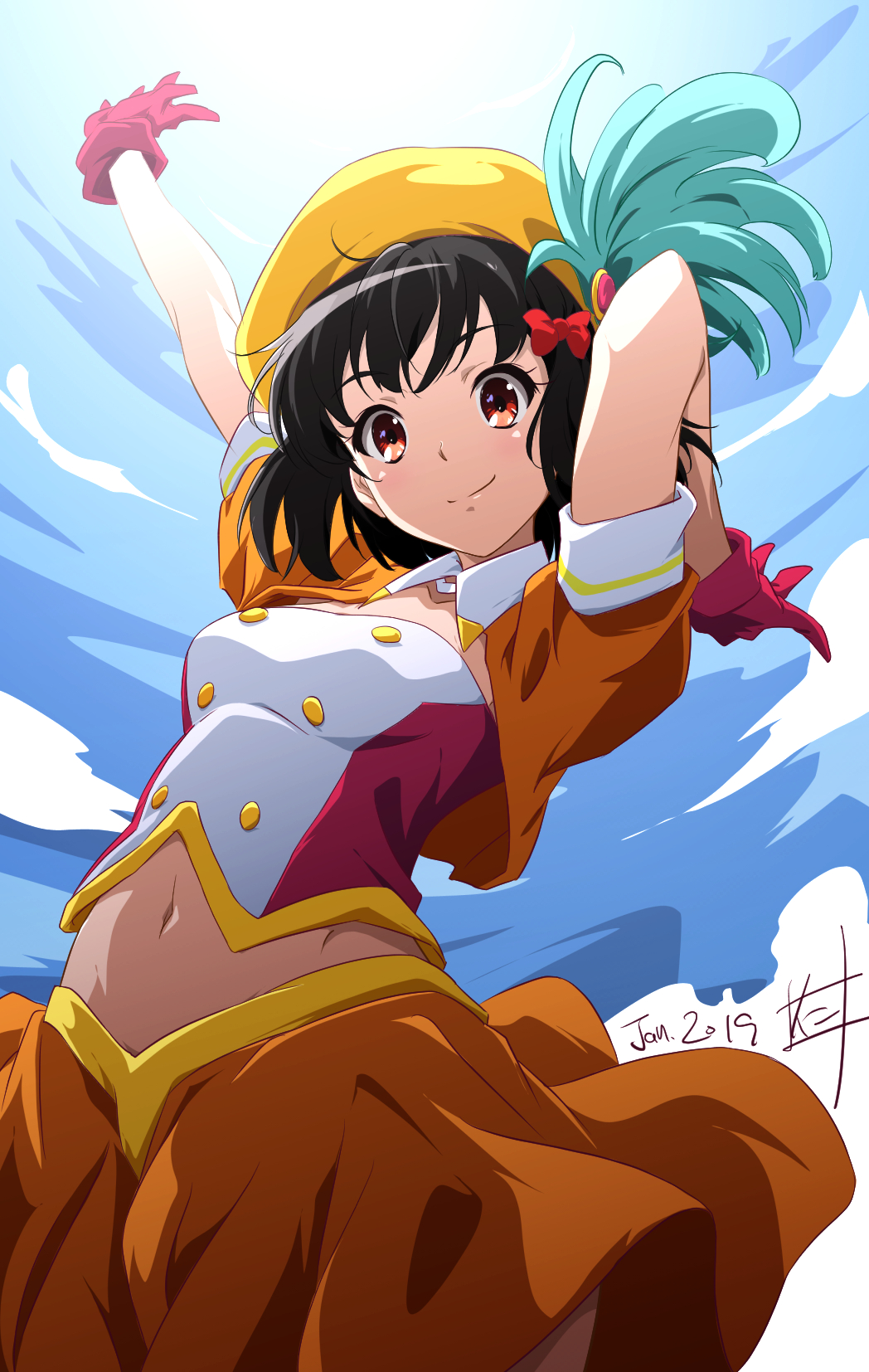 1girl arms_up bangs black_hair blue_skirt blush bow breasts closed_mouth cowboy_shot dated day detached_collar eyebrows_visible_through_hair from_below gloves hair_bow hat hat_feather hibike!_euphonium highres hisaishi_kanade looking_at_viewer looking_down medium_breasts midriff navel nii_manabu open_clothes open_vest orange_skirt orange_vest outdoors pink_gloves red_bow red_eyes short_hair short_sleeves signature skirt smile solo tareme vest wing_collar yellow_hat