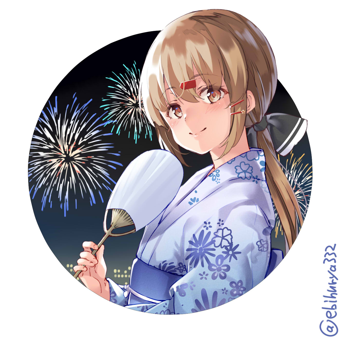 1girl alternate_costume black_bow blue_kimono blush bow brown_eyes brown_hair closed_mouth ebifurya eyebrows_visible_through_hair fan fireworks floral_print hair_between_eyes hair_bow hair_ornament hairclip highres japanese_clothes kantai_collection kimono long_hair low_twintails night night_sky no_hat no_headwear paper_fan sky smile solo tashkent_(kantai_collection) twintails yukata