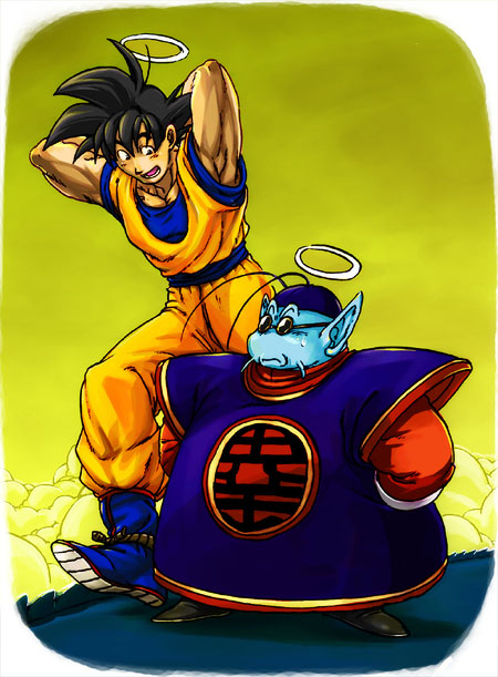 2boys :d arms_behind_back arms_behind_head black_hair boots clothes_writing clouds dougi dragon_ball dragonball_z frown full_body halo height_difference looking_at_another male_focus multiple_boys nervous nitako north_kaiou open_mouth shadow short_hair simple_background smile snake_way son_gokuu spiky_hair sunglasses sweatdrop walking wristband