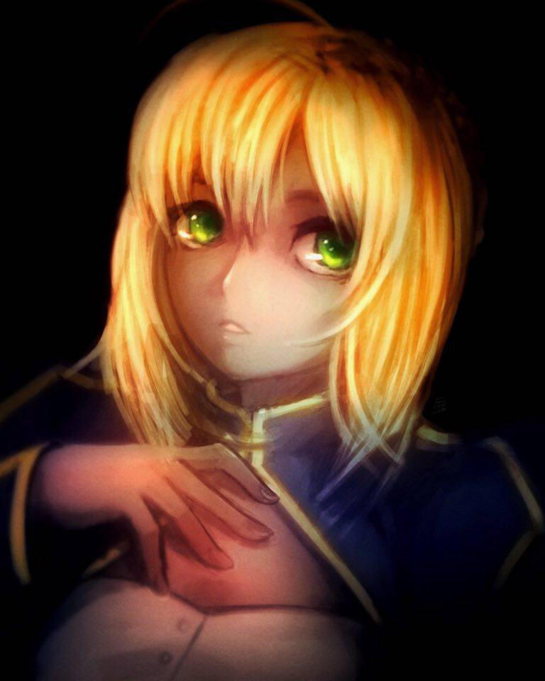 1girl ahoge artoria_pendragon_(all) black_background blonde_hair blue_dress buttons center_opening commentary dark dress english_commentary fate/stay_night fate_(series) fixelcat green_eyes hair_between_eyes hand_on_own_chest hand_up high_collar long_sleeves looking_to_the_side medium_hair parted_lips saber sidelocks simple_background solo teeth upper_body