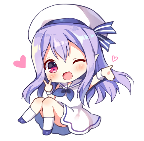 1girl ;d bangs bare_shoulders beret blue_neckwear blush chibi dress eyebrows_visible_through_hair full_body hair_between_eyes hat head_tilt heart long_hair lowres mauve neckerchief one_eye_closed open_mouth pio_(potion_maker) pointy_ears potion_maker purple_footwear purple_hair sailor_collar sailor_dress shoes simple_background sleeveless sleeveless_dress smile socks solo v very_long_hair violet_eyes white_background white_dress white_hat white_legwear white_sailor_collar wrist_cuffs