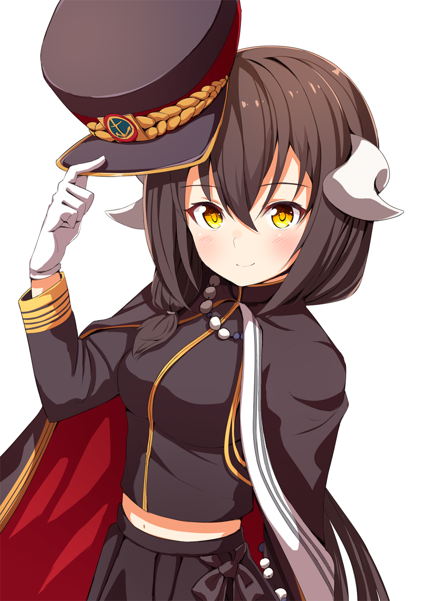 1girl ame. azur_lane bangs blush brown_cape brown_eyes brown_hair brown_hat brown_jacket brown_skirt cape closed_mouth commentary_request curled_horns eyebrows_visible_through_hair gloves hair_between_eyes hand_up hat hat_removed headwear_removed highres holding holding_hat jacket long_hair long_sleeves looking_at_viewer midriff mikasa_(azur_lane) military military_hat military_uniform multicolored multicolored_cape multicolored_clothes navel peaked_cap pleated_skirt red_cape simple_background skirt smile solo uniform very_long_hair white_background white_gloves