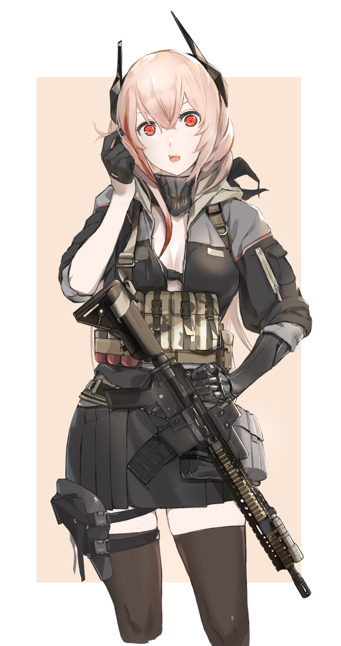 1girl assault_rifle commentary cyborg flashlight fpdlenl011 girls_frontline gloves gun hair_between_eyes hand_on_hip highres jacket load_bearing_equipment looking_at_viewer m4_carbine m4_sopmod_ii m4_sopmod_ii_(girls_frontline) mechanical_arm multicolored_hair open_mouth pink_hair playing_with_own_hair red_eyes redhead rifle solo streaked_hair thigh-highs weapon