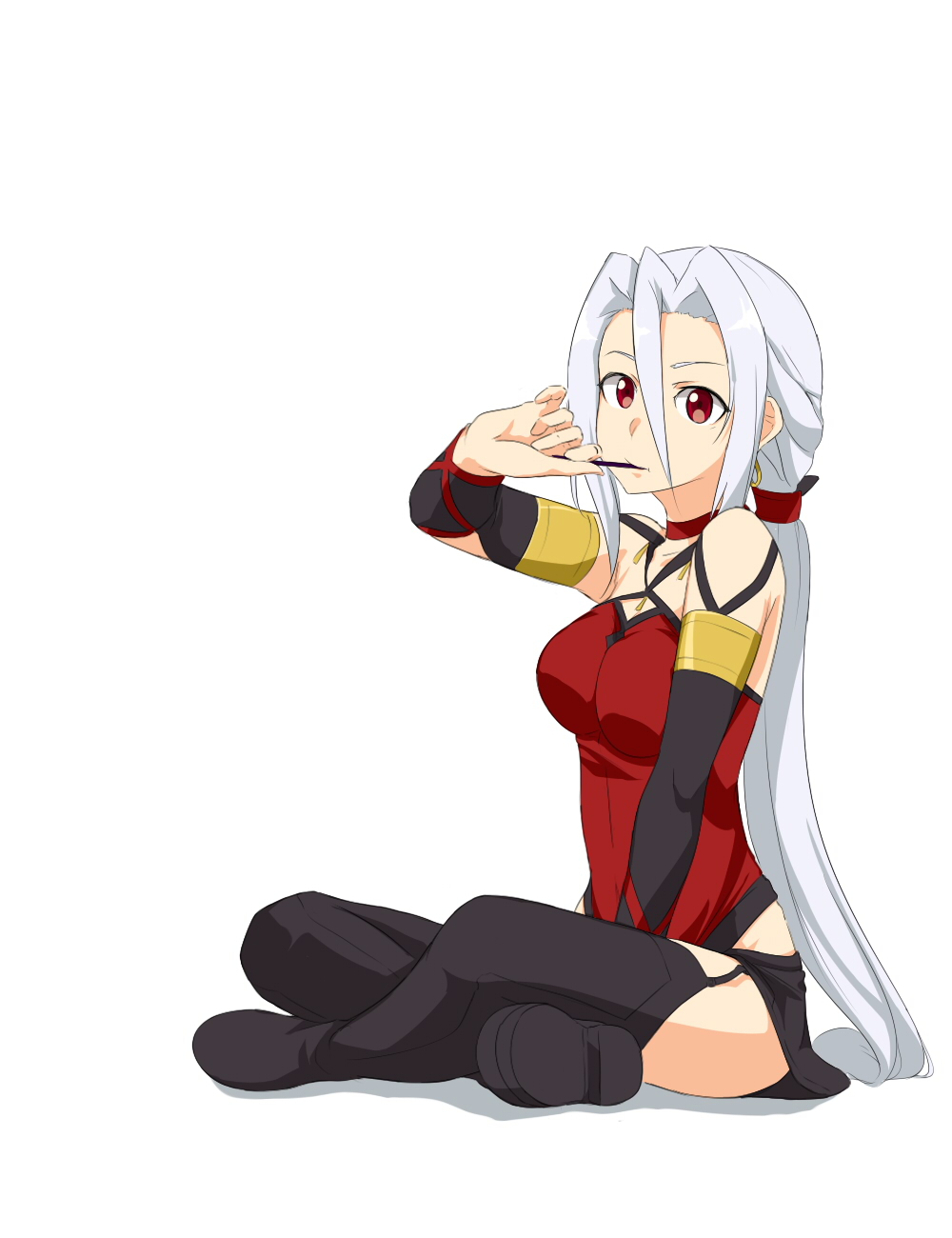 1girl between_legs black_legwear black_sleeves character_request choker collarbone detached_sleeves food full_body hair_between_eyes halterneck hand_between_legs highres indian_style long_hair long_sleeves pocky ponytail red_eyes red_shirt saruno_(eyesonly712) shirt sidelocks silver_hair simple_background sitting sleeveless sleeveless_shirt solo thigh-highs very_long_hair white_background zettai_ryouiki